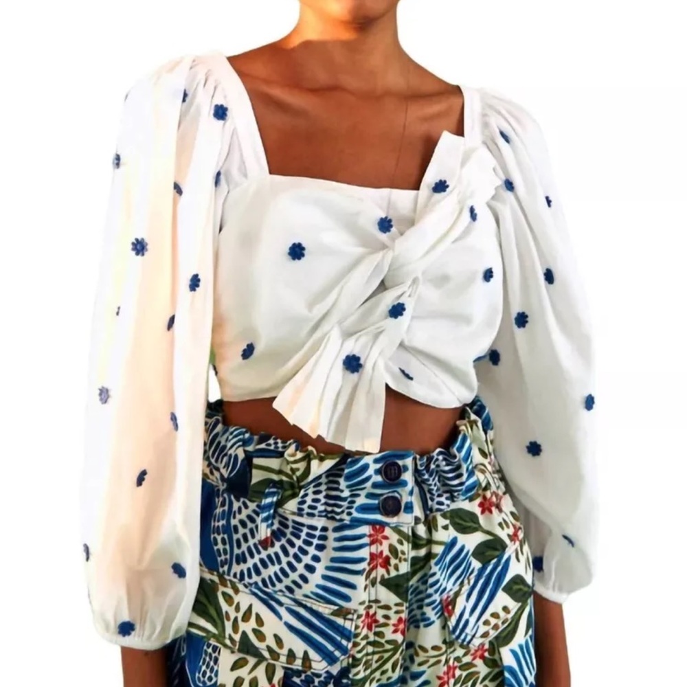 Farm Rio cropped blue embroidered flower balloon sleeve blouse